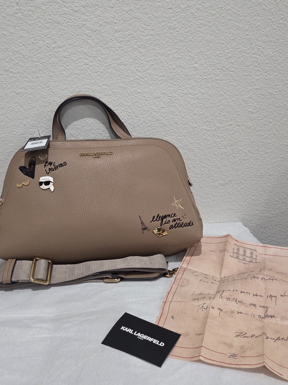 Karl Lagerfeld Paris Maybelle Satchel Medium W/Pins Taupe Leather Dome Satchel
